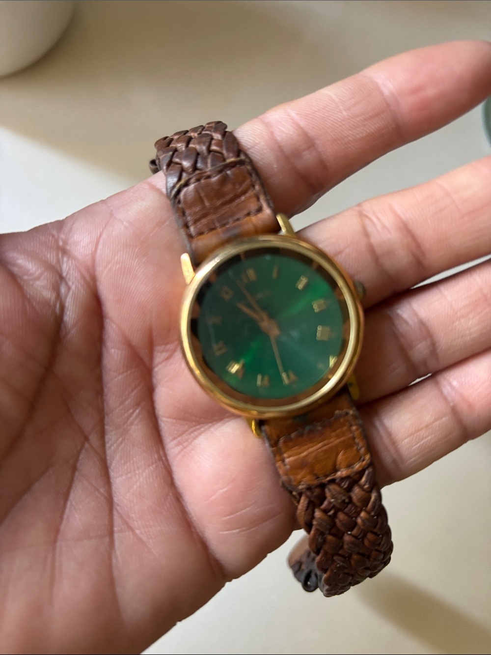 ❤️… Fossil Classic Brown Braided Leather Watch with Green Dial